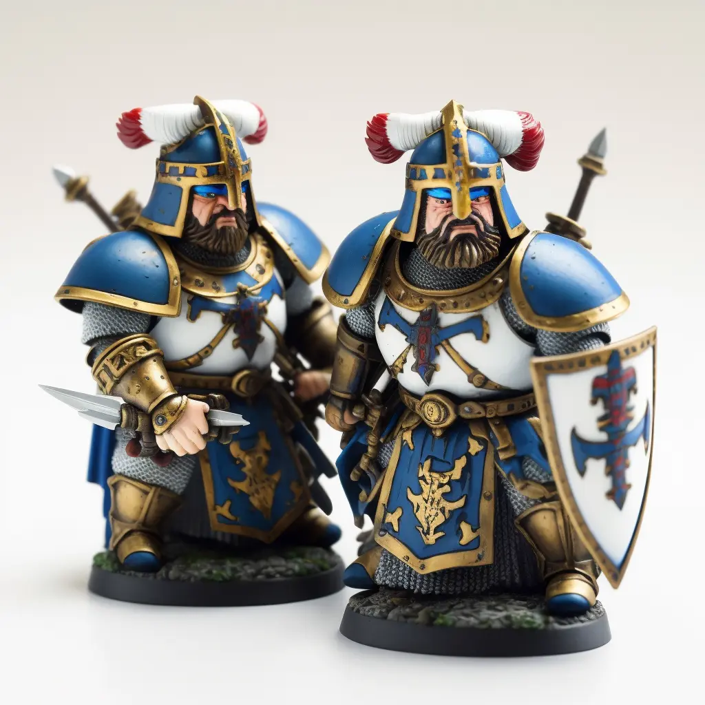 warhammer miniatures of Twin Knights, hand painted, plastic, detailed, white background, studio lighting, product photography